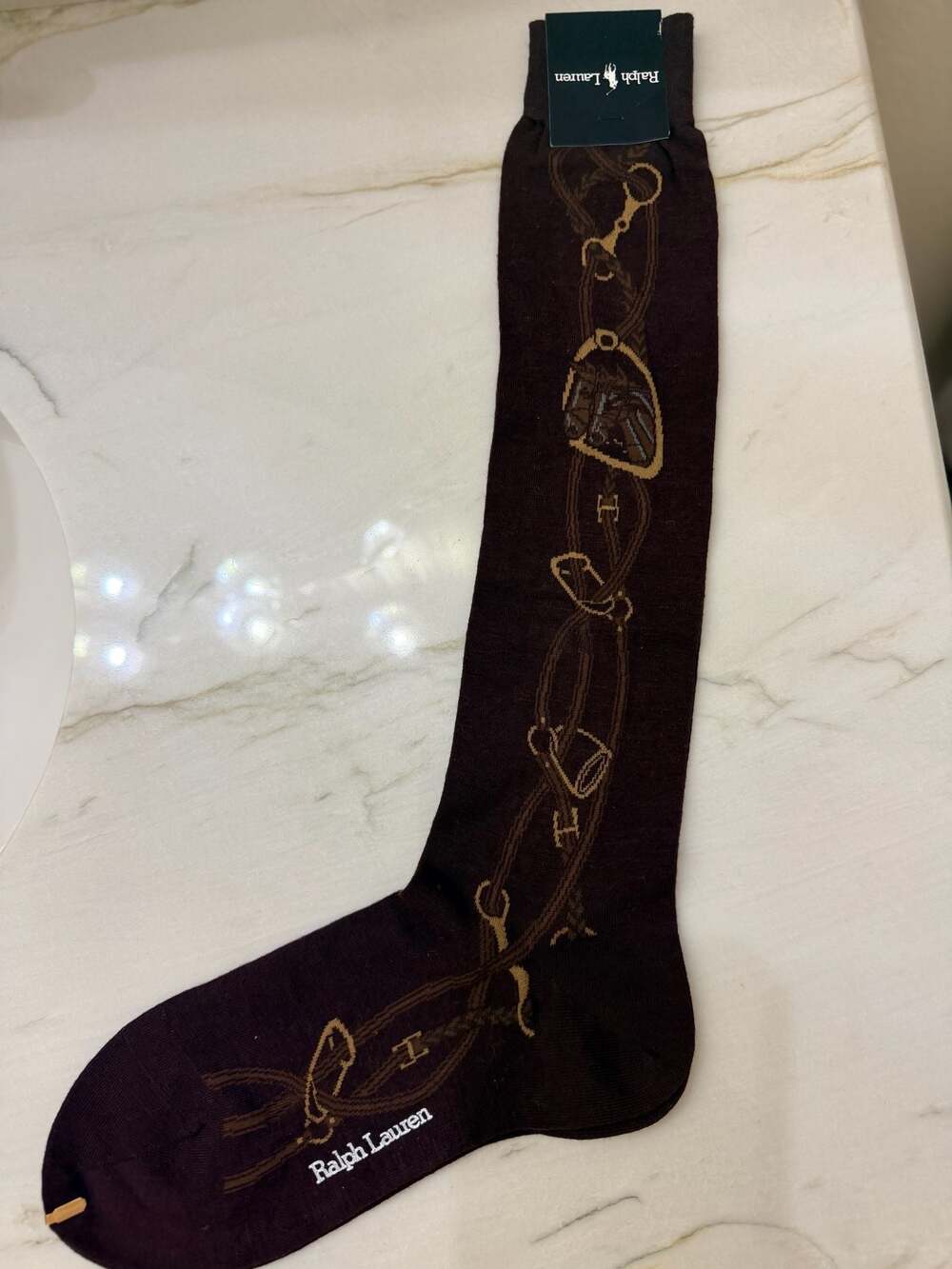 Vintage Ralph Lauren Brown Equestrian Chain Print Over-the-Knee Socks